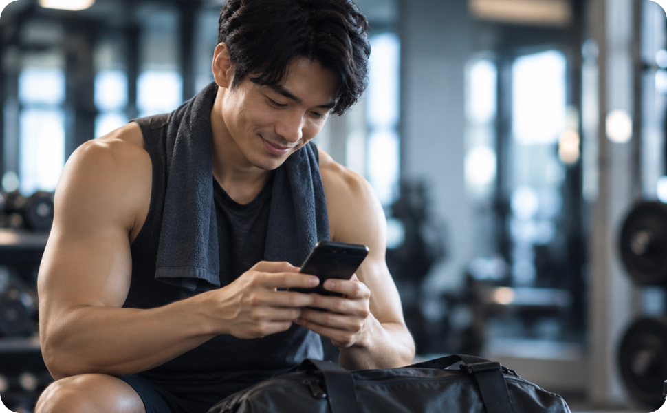 トレーニング中にスマートフォンを見る利用者